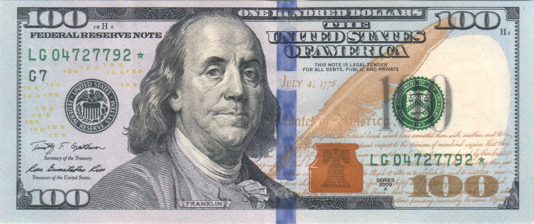 A United States one hundred dollar bill
